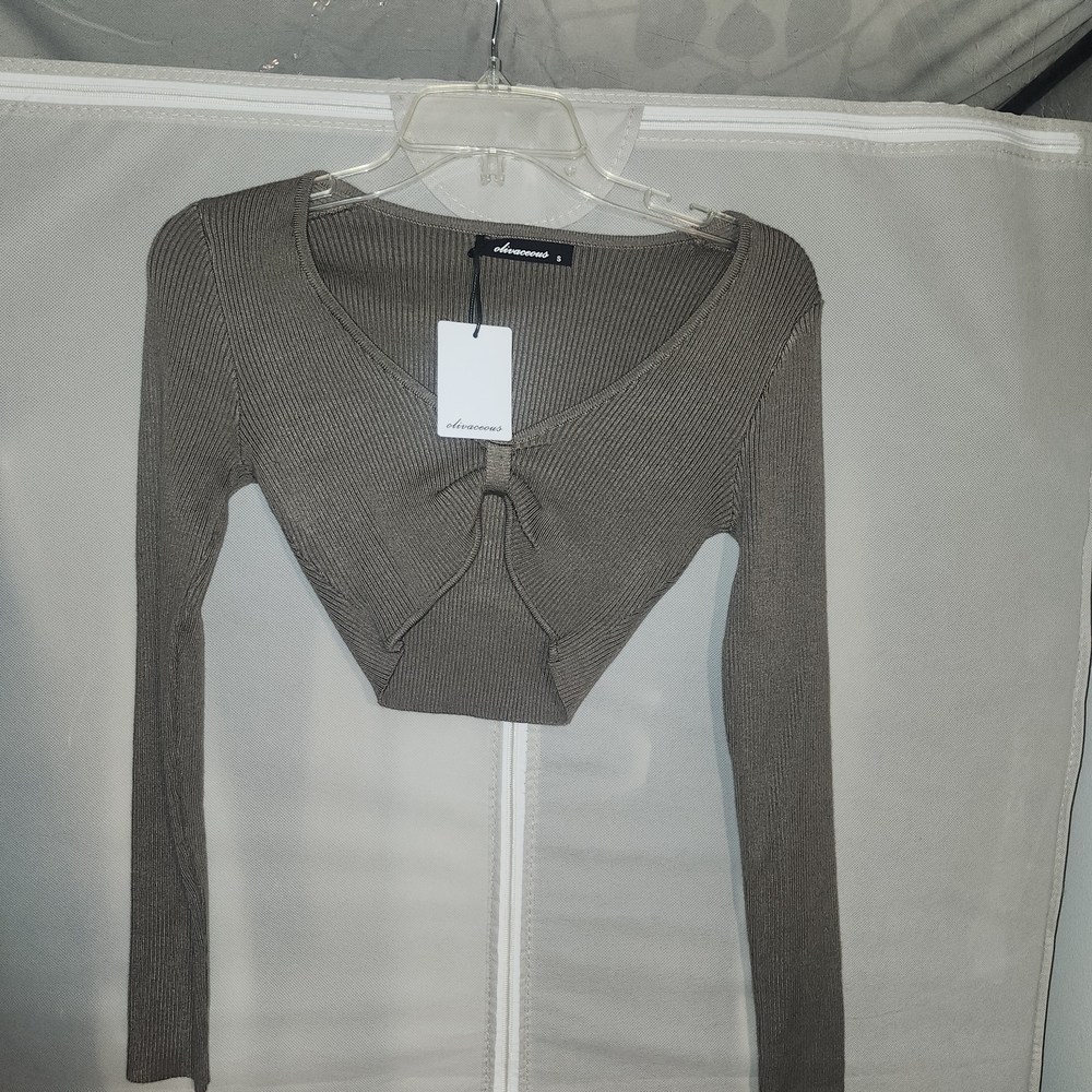 Olivaceous Olive Ribbed Tie-Front Long Sleeve Crop Top